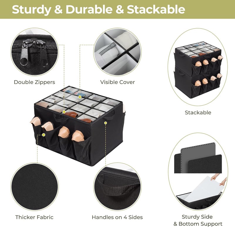 STORAGEIDEAS Shoe Organizer for Closet, Shoe Storage Solution with Clear Cover & Adjustable Dividers, Fabric Shoe Box Fits 16 +8 Pairs Shoes, Black, 2-Pack - Image 4